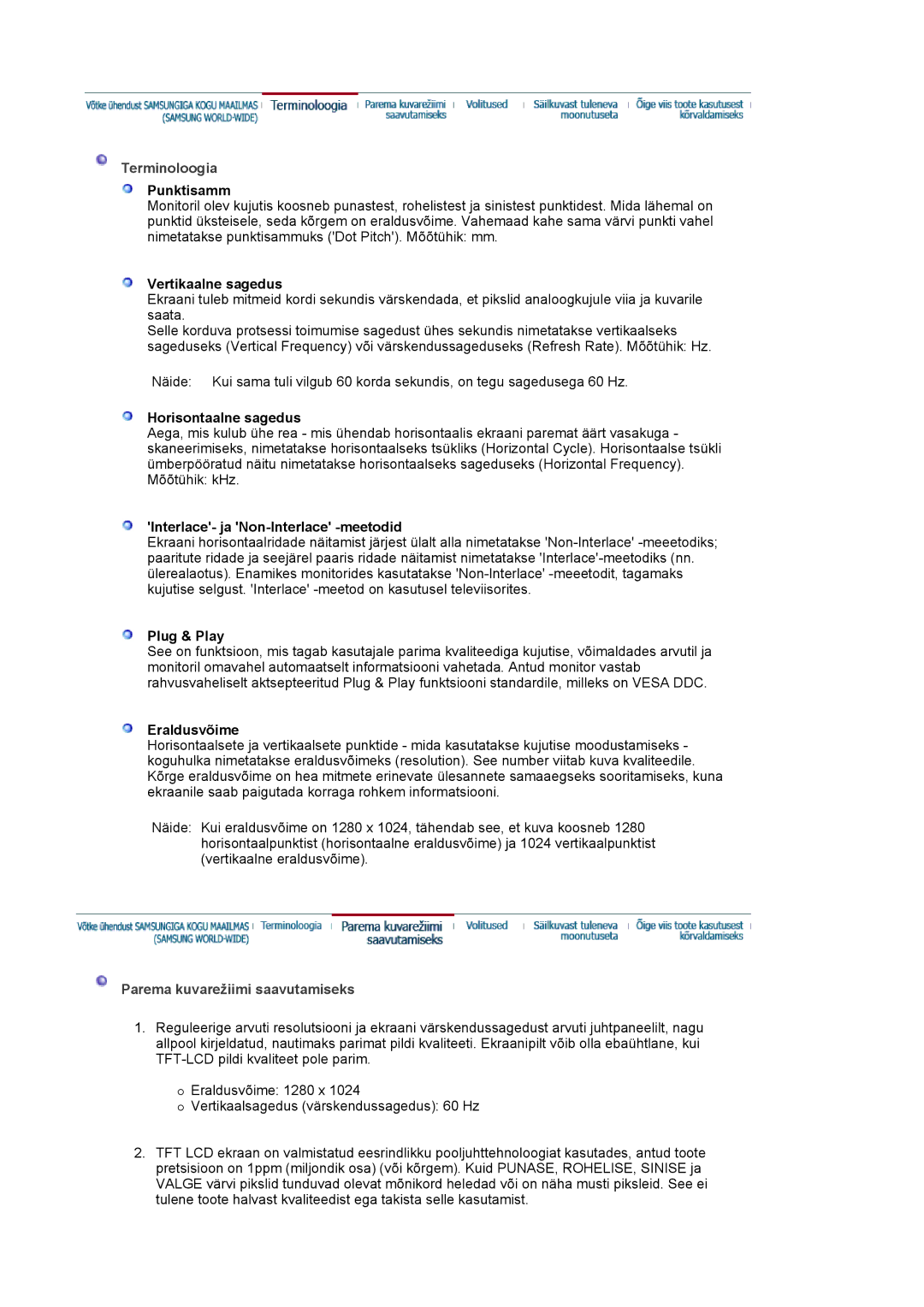 Samsung LS19MJAKSZ/EDC manual Terminoloogia, Parema kuvarežiimi saavutamiseks 