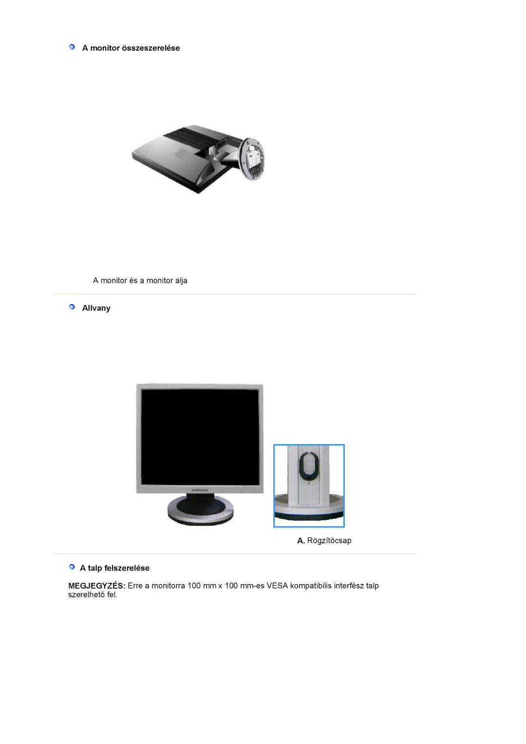 Samsung LS19MJAKSZ/EDC manual Monitor összeszerelése, Allvany, Talp felszerelése 