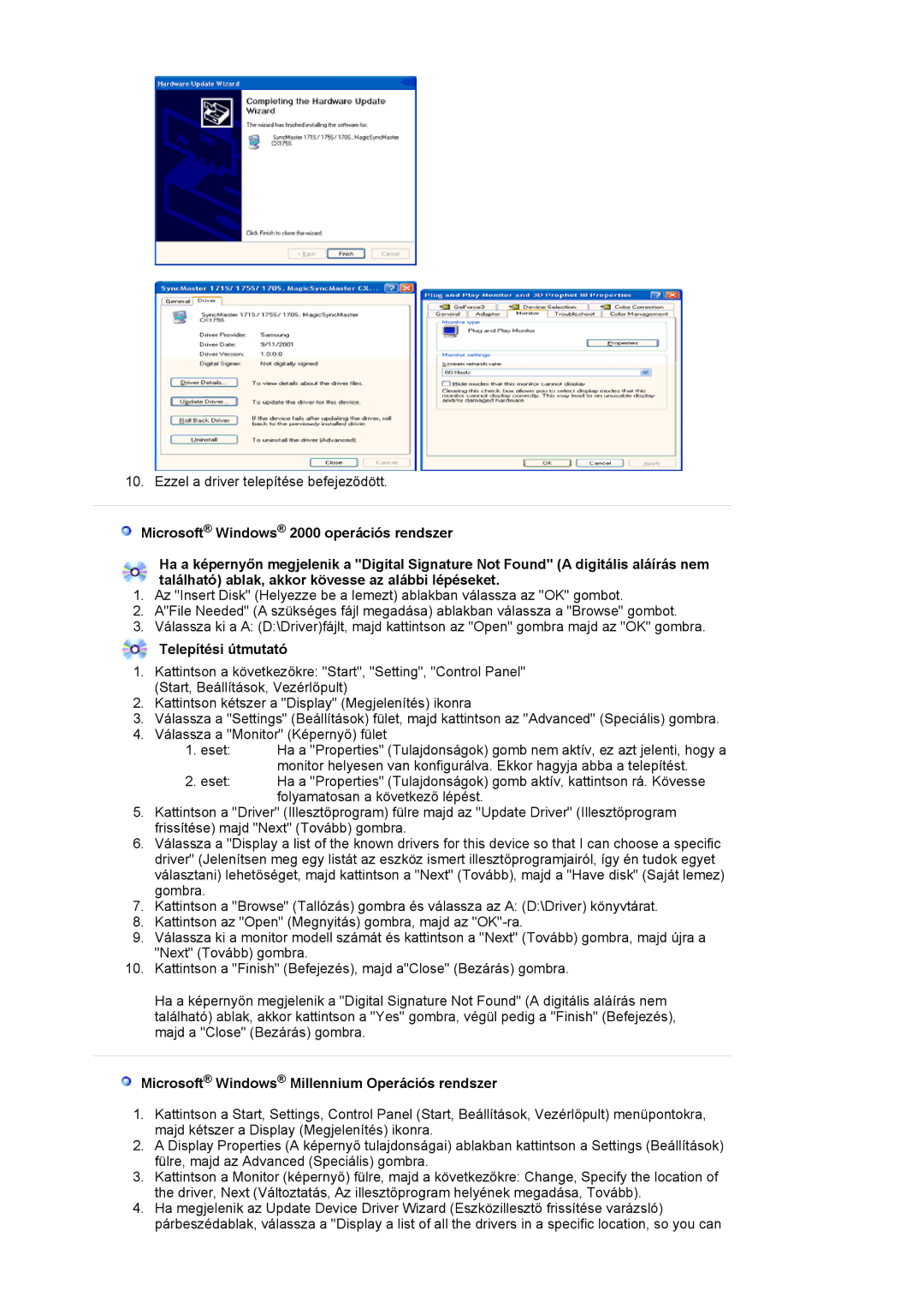 Samsung LS19MJAKSZ/EDC manual Telepítési útmutató, Microsoft Windows Millennium Operációs rendszer 