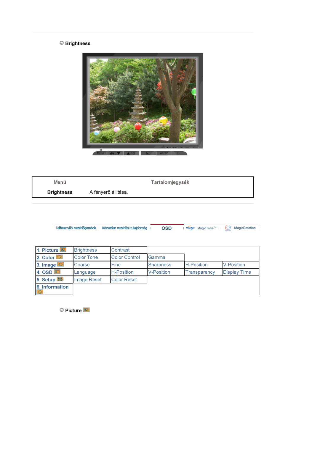 Samsung LS19MJAKSZ/EDC manual Menü Tartalomjegyzék Brightness Fényerő állitása, Picture 