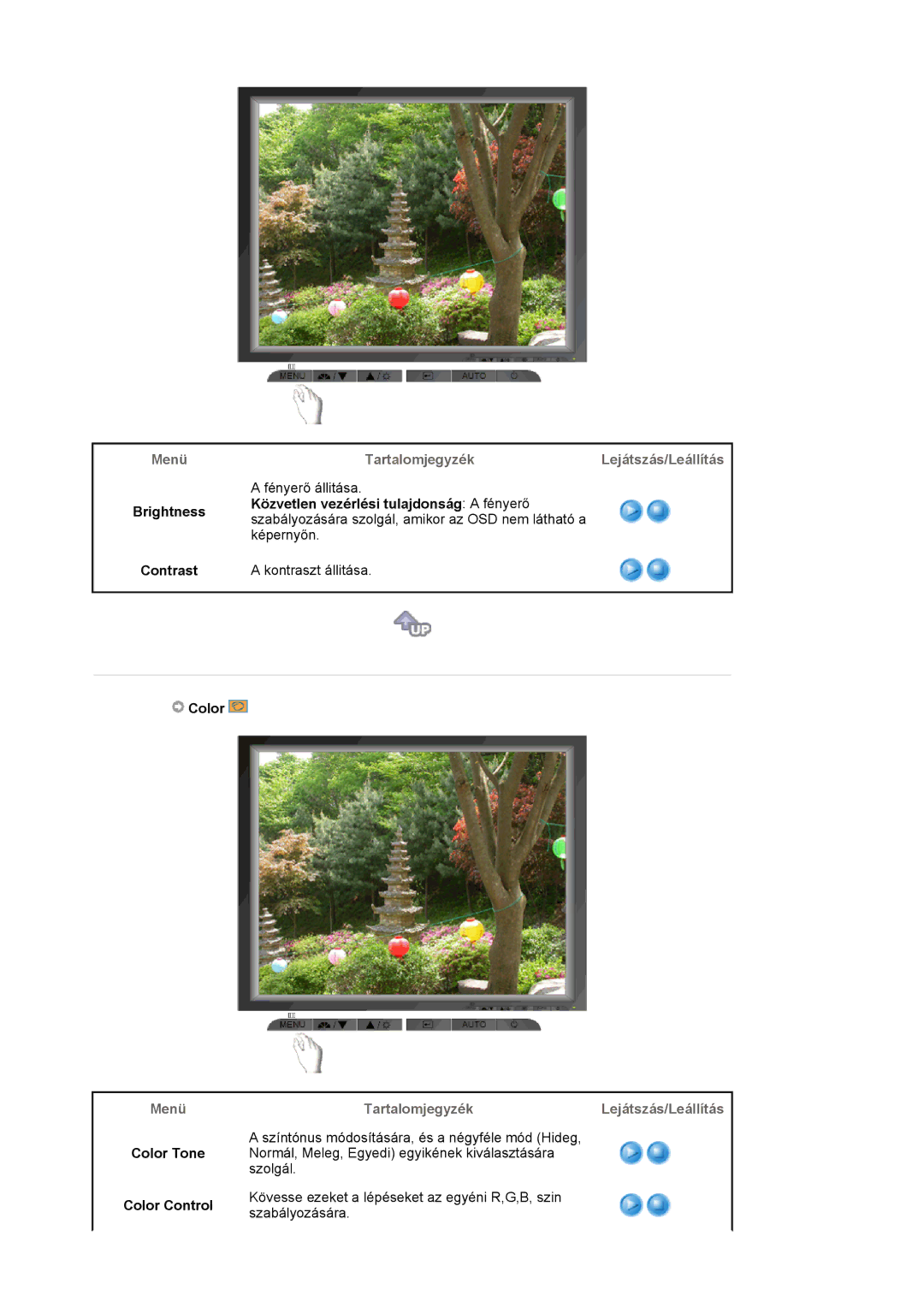 Samsung LS19MJAKSZ/EDC manual Menü, Brightness Contrast, TartalomjegyzékLejátszás/Leállítás, Color Tone Color Control 