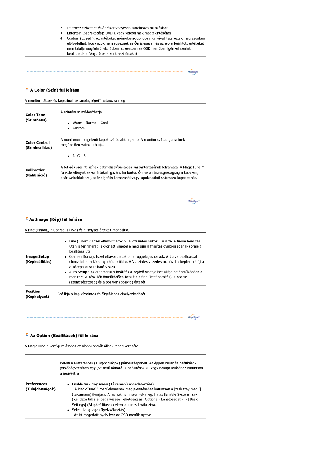 Samsung LS19MJAKSZ/EDC manual Color Szín fül leírása 