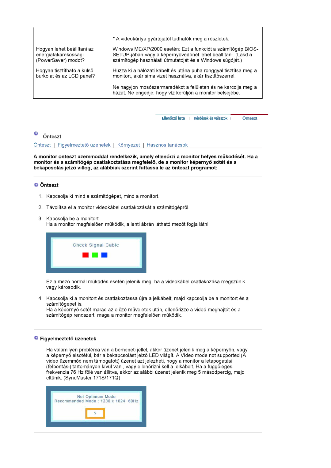 Samsung LS19MJAKSZ/EDC manual Önteszt, Figyelmeztető üzenetek 