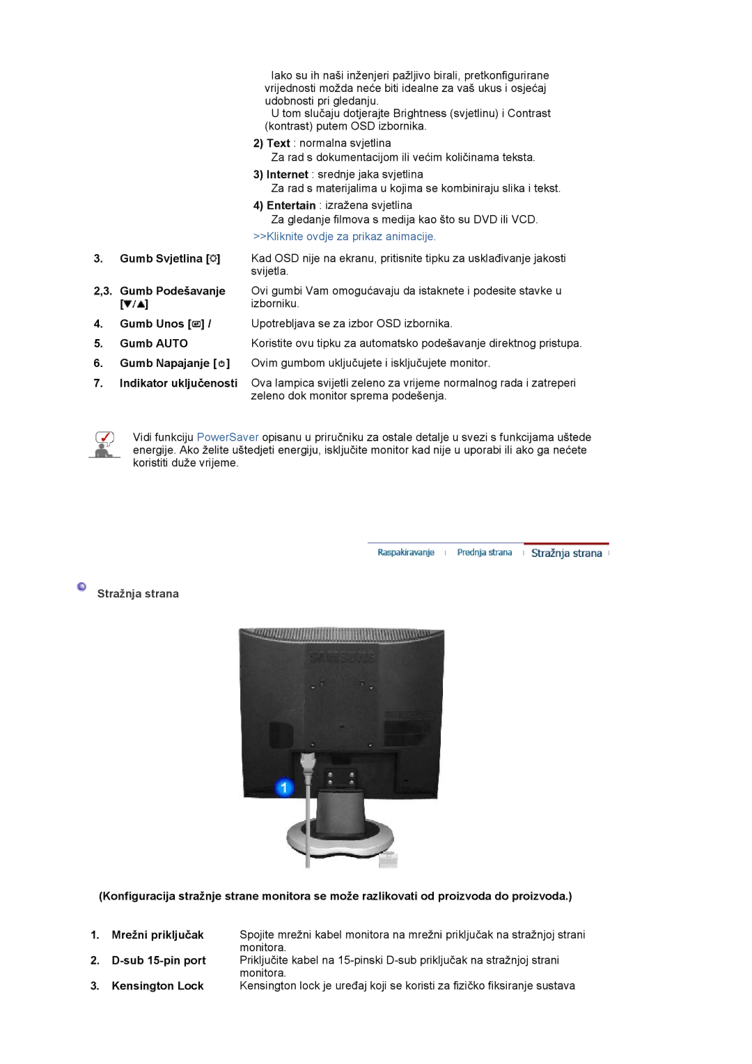 Samsung LS19MJAKSZ/EDC manual Gumb Podešavanje, Izborniku, Gumb Auto, Stražnja strana 