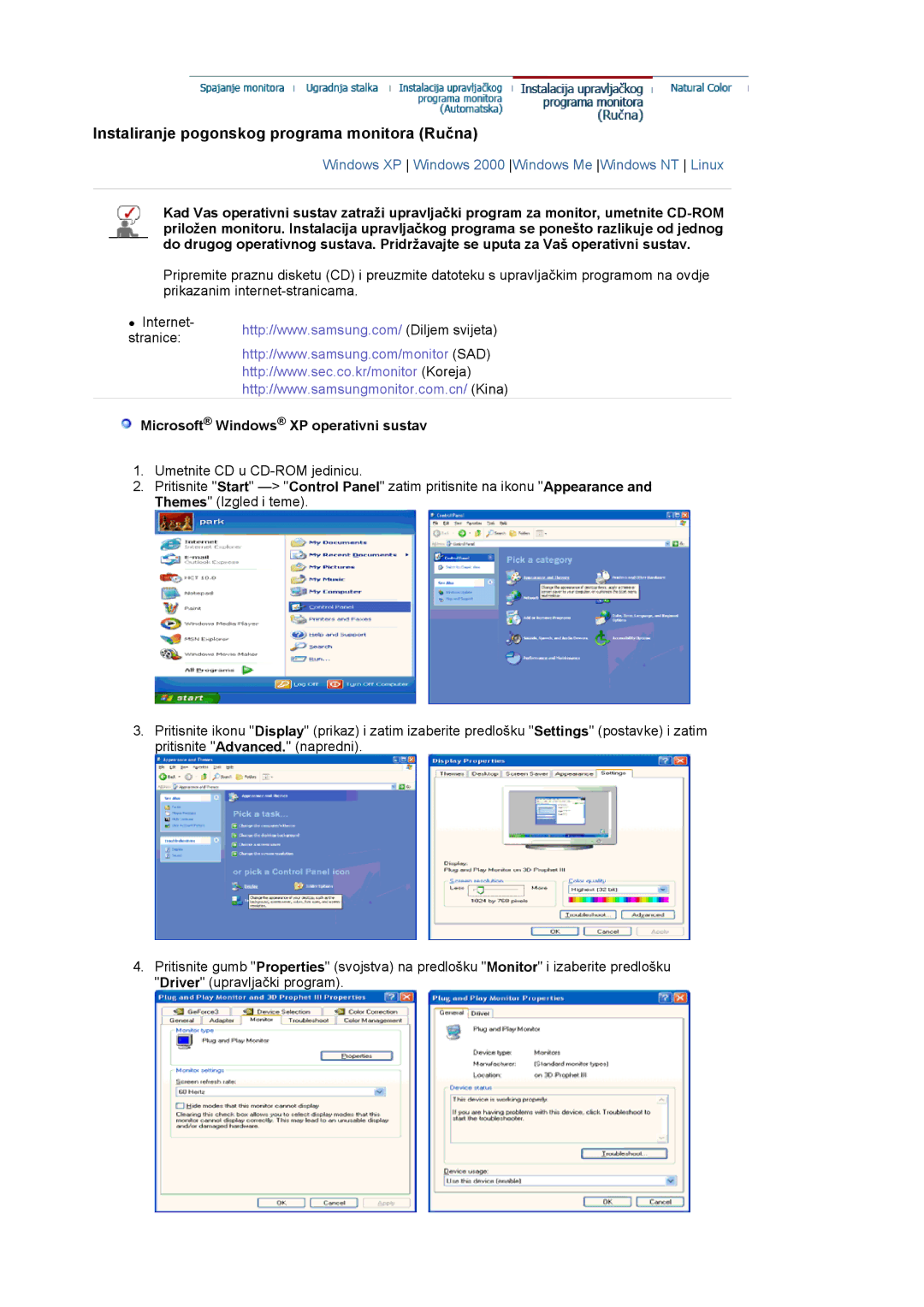 Samsung LS19MJAKSZ/EDC manual Instaliranje pogonskog programa monitora Ručna, Microsoft Windows XP operativni sustav 