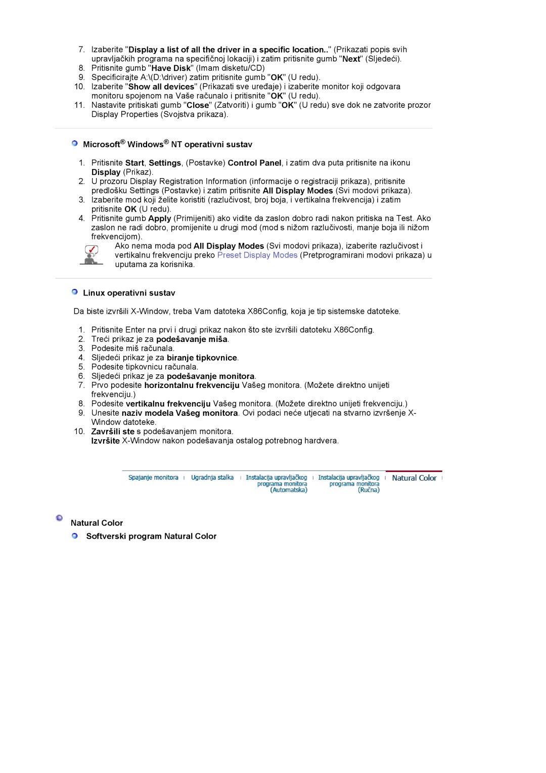 Samsung LS19MJAKSZ/EDC manual Microsoft Windows NT operativni sustav, Linux operativni sustav 