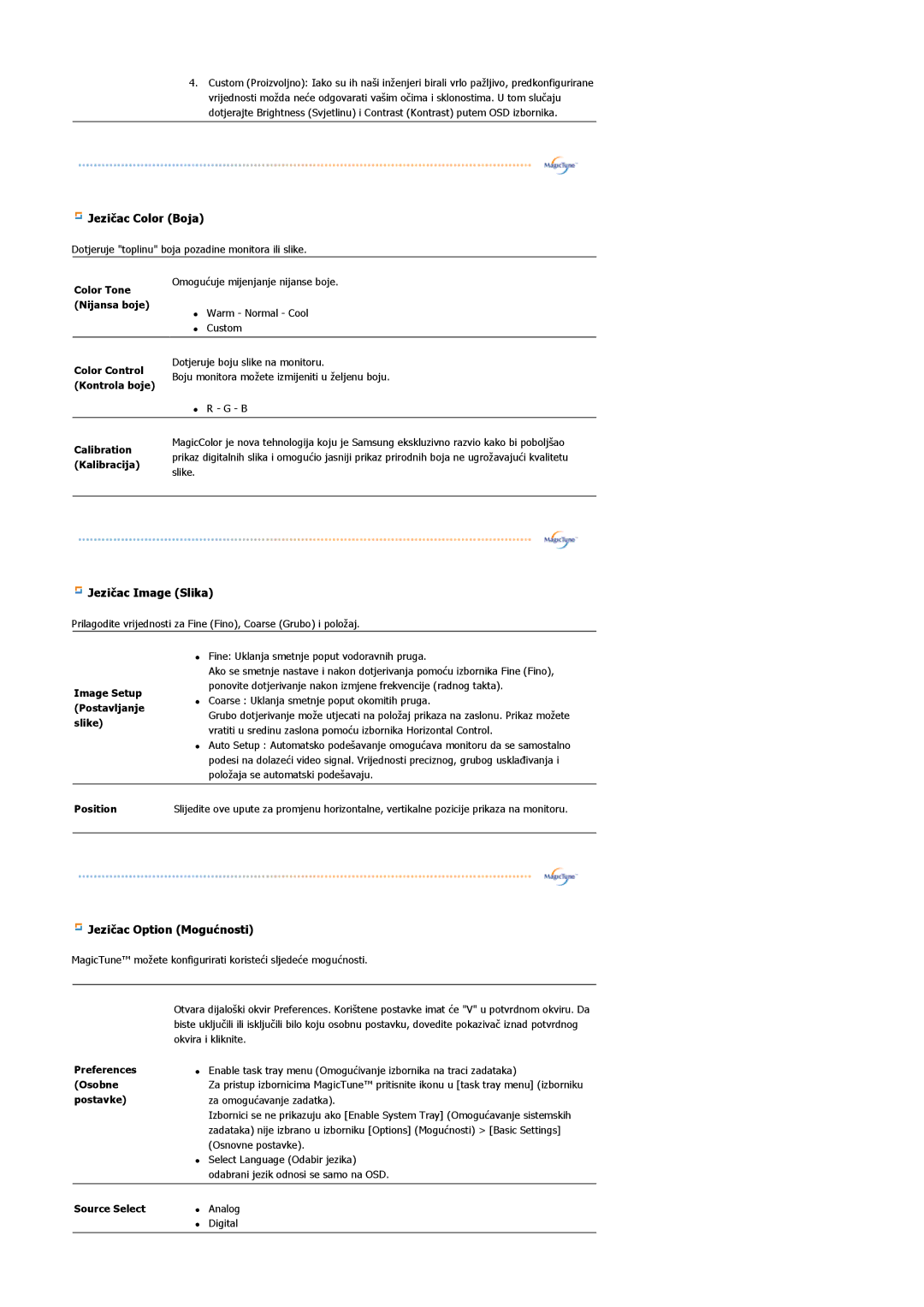 Samsung LS19MJAKSZ/EDC manual Jezičac Color Boja 