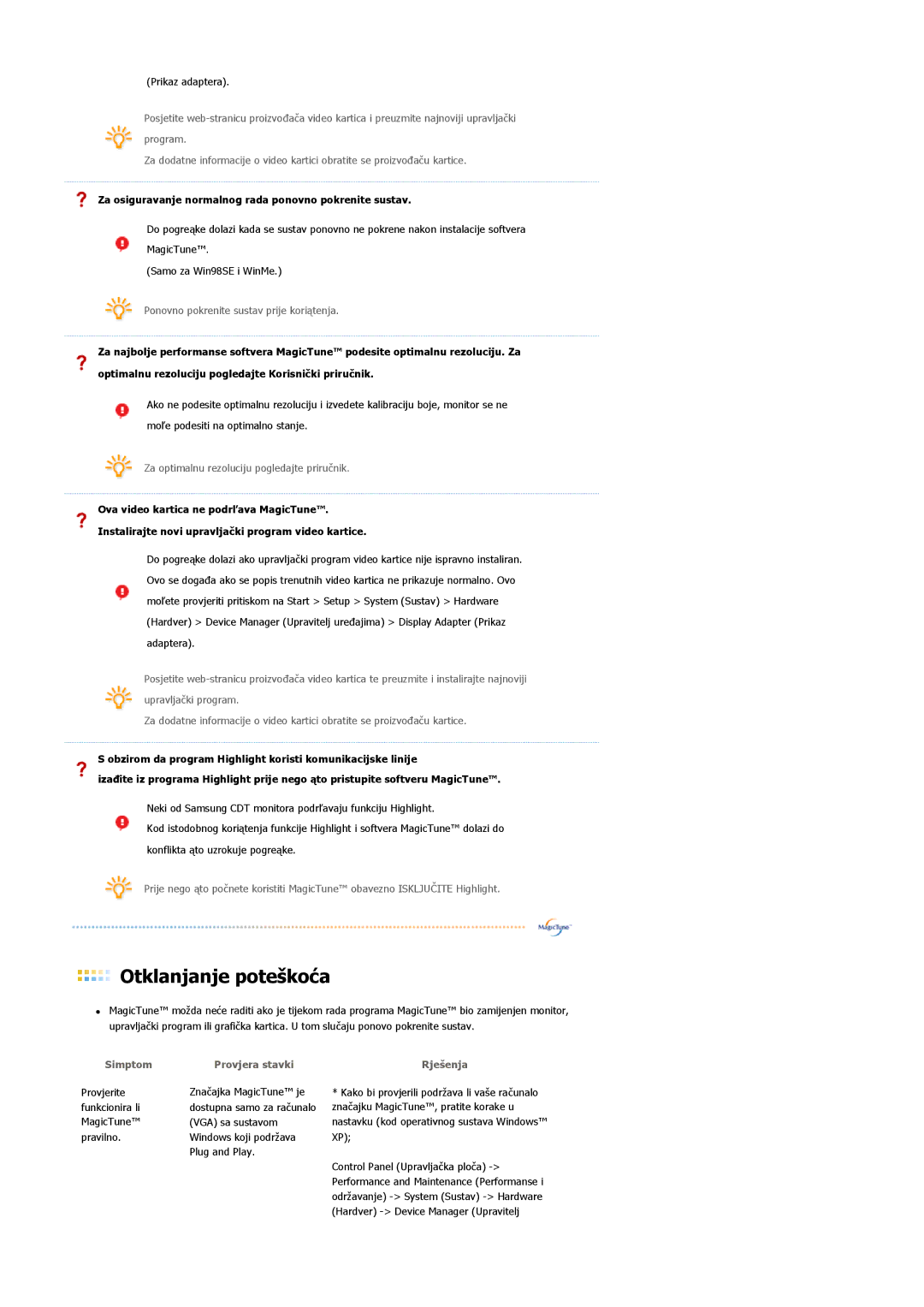 Samsung LS19MJAKSZ/EDC manual Simptom Provjera stavki 