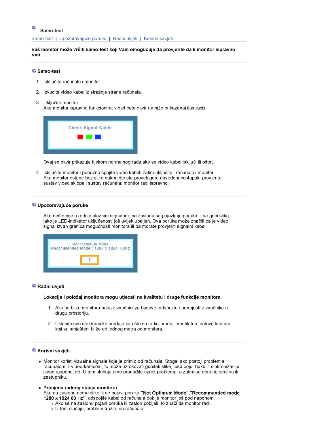 Samsung LS19MJAKSZ/EDC manual Samo-test, Upozoravajuće poruke, Korisni savjeti, Procjena radnog stanja monitora 