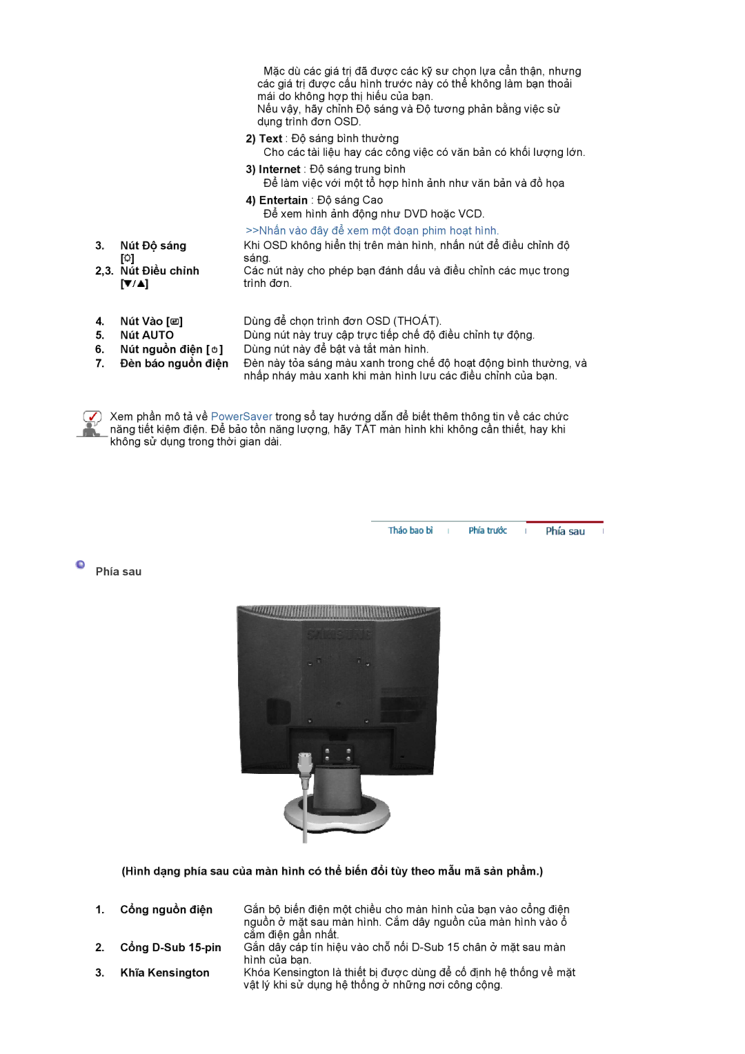 Samsung LS19MJAKSZ/XSV, LS19MJAKSZ/VNT, LS19MJAKBZ/VNT manual Phía sau 