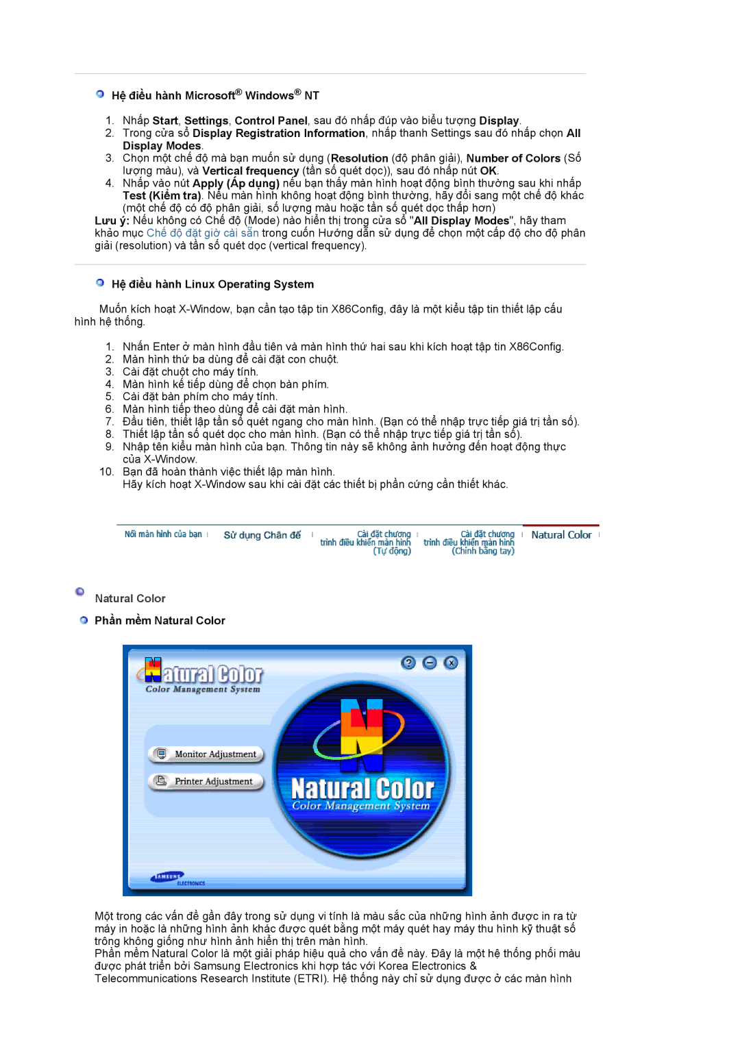 Samsung LS19MJAKSZ/XSV manual Hệ điều hành Microsoft Windows NT, Hệ điều hành Linux Operating System, Natural Color 