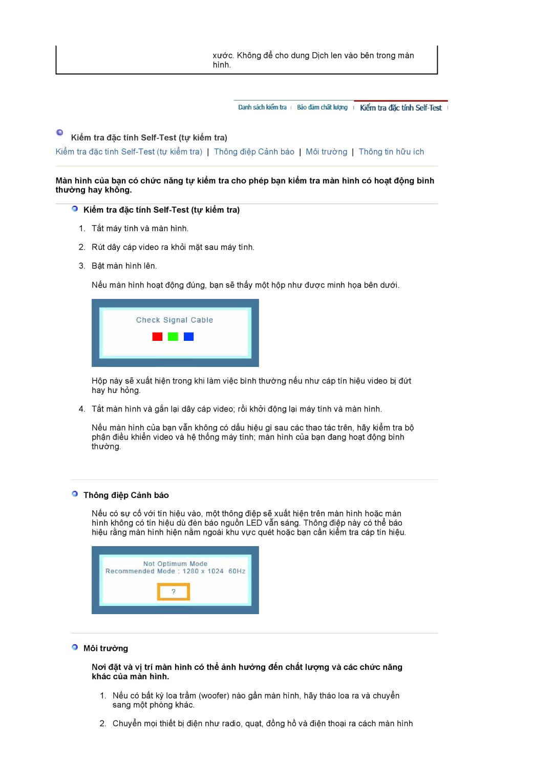Samsung LS19MJAKBZ/VNT, LS19MJAKSZ/XSV, LS19MJAKSZ/VNT manual Kiểm tra đặc tính Self-Test tự kiểm tra, Thông điệp Cảnh báo 