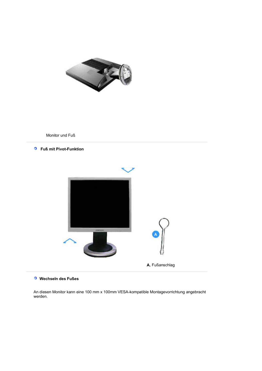 Samsung MJ19ESTSB/EDC, LS19MJQKSQ/EDC, MJ19ESKSB/EDC manual Fuß mit Pivot-Funktion, Wechseln des Fußes 