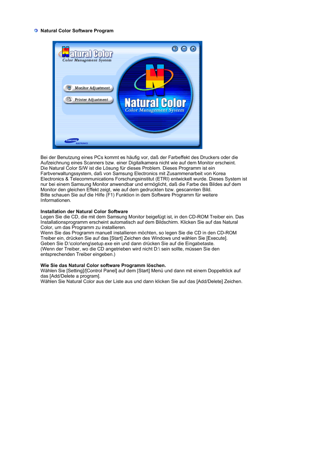 Samsung MJ19ESKSB/EDC, LS19MJQKSQ/EDC manual Natural Color Software Program, Installation der Natural Color Software 
