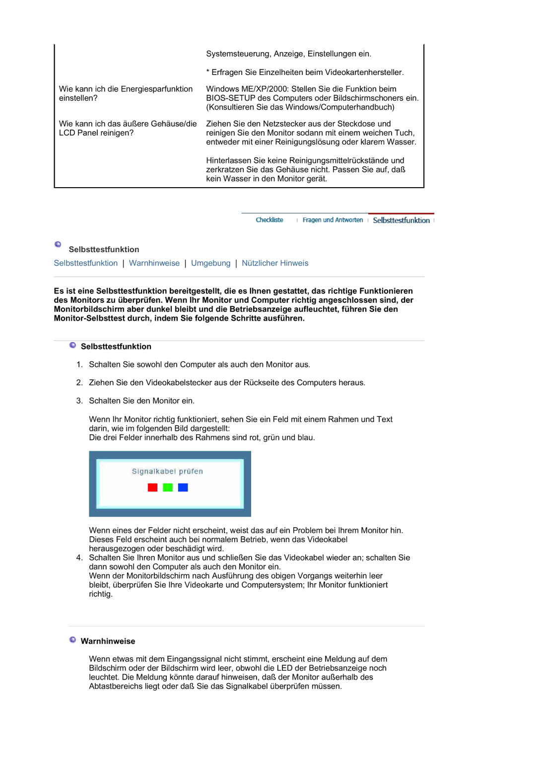 Samsung MJ19ESTSB/EDC, LS19MJQKSQ/EDC, MJ19ESKSB/EDC manual Selbsttestfunktion, Warnhinweise 