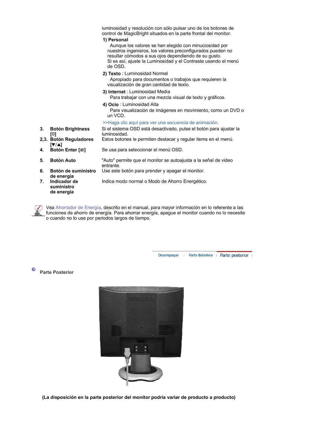 Samsung LS19MJQKSQ/EDC, MJ19ESTSB/EDC, MJ19ESKSB/EDC manual Parte Posterior 