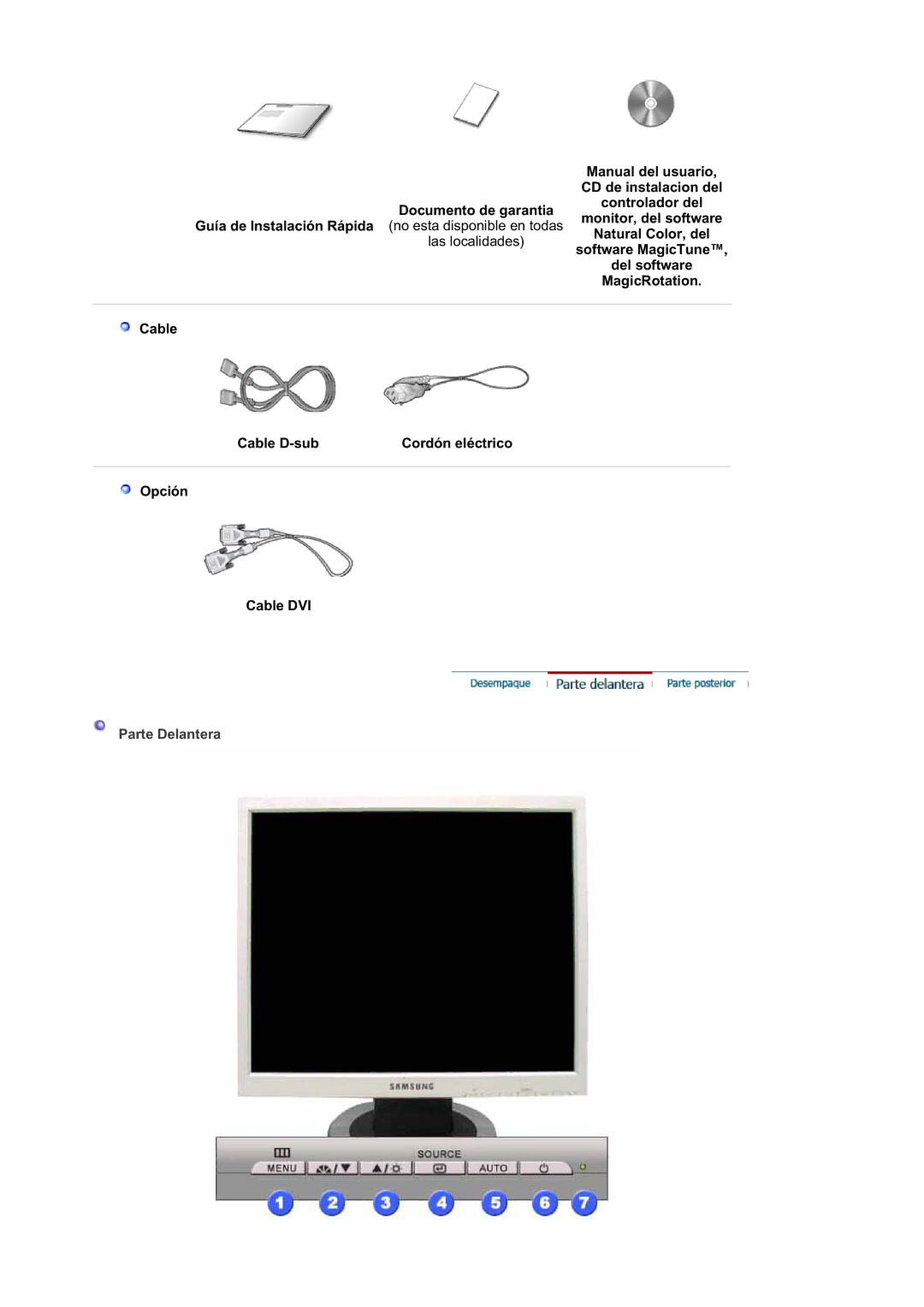 Samsung LS19MJQKSQ/EDC, MJ19ESTSB/EDC manual Manual del usuario, Cable Cable D-sub Cordón eléctrico Opción Cable DVI 