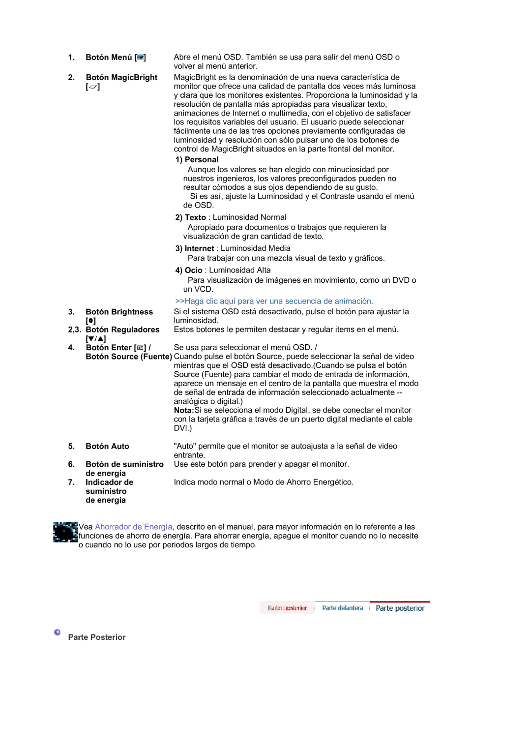 Samsung MJ19ESTSB/EDC, LS19MJQKSQ/EDC, MJ19ESKSB/EDC manual Botón Menú, Botón MagicBright, Botón Brightness 