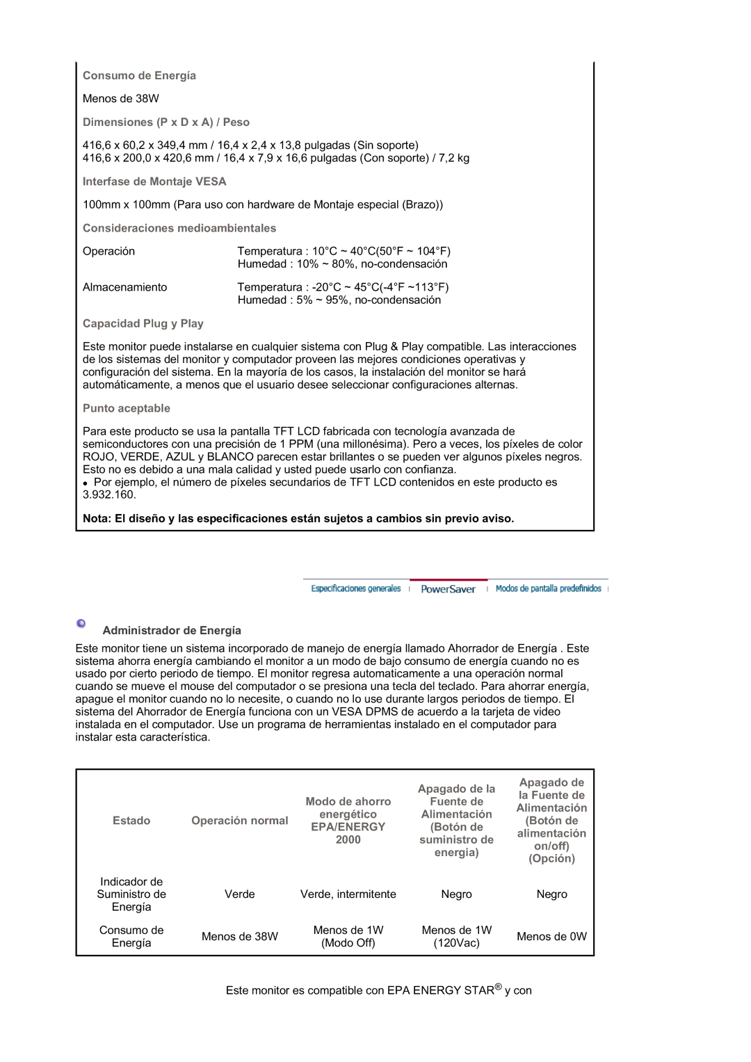 Samsung MJ19ESTSB/EDC Apagado de la La Fuente de Modo de ahorro Alimentación, Estado Operación normal Botón de, On/off 