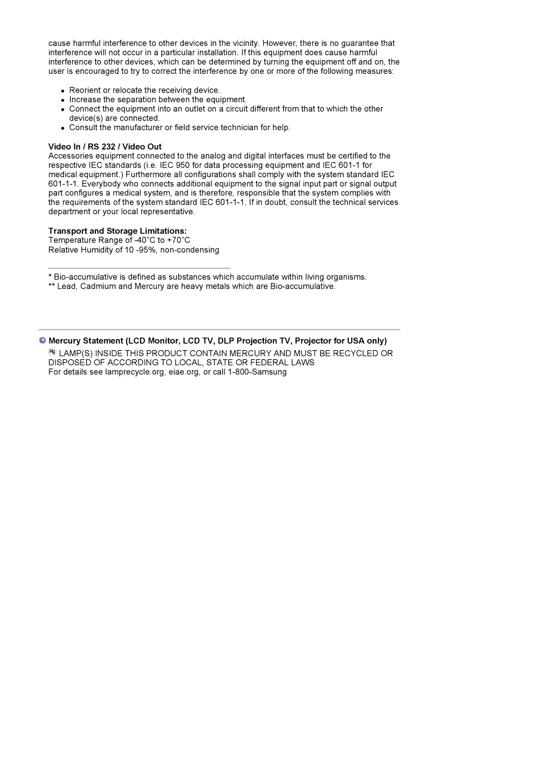 Samsung LS19MJQTSQ/EDC manual Video In / RS 232 / Video Out, Transport and Storage Limitations 