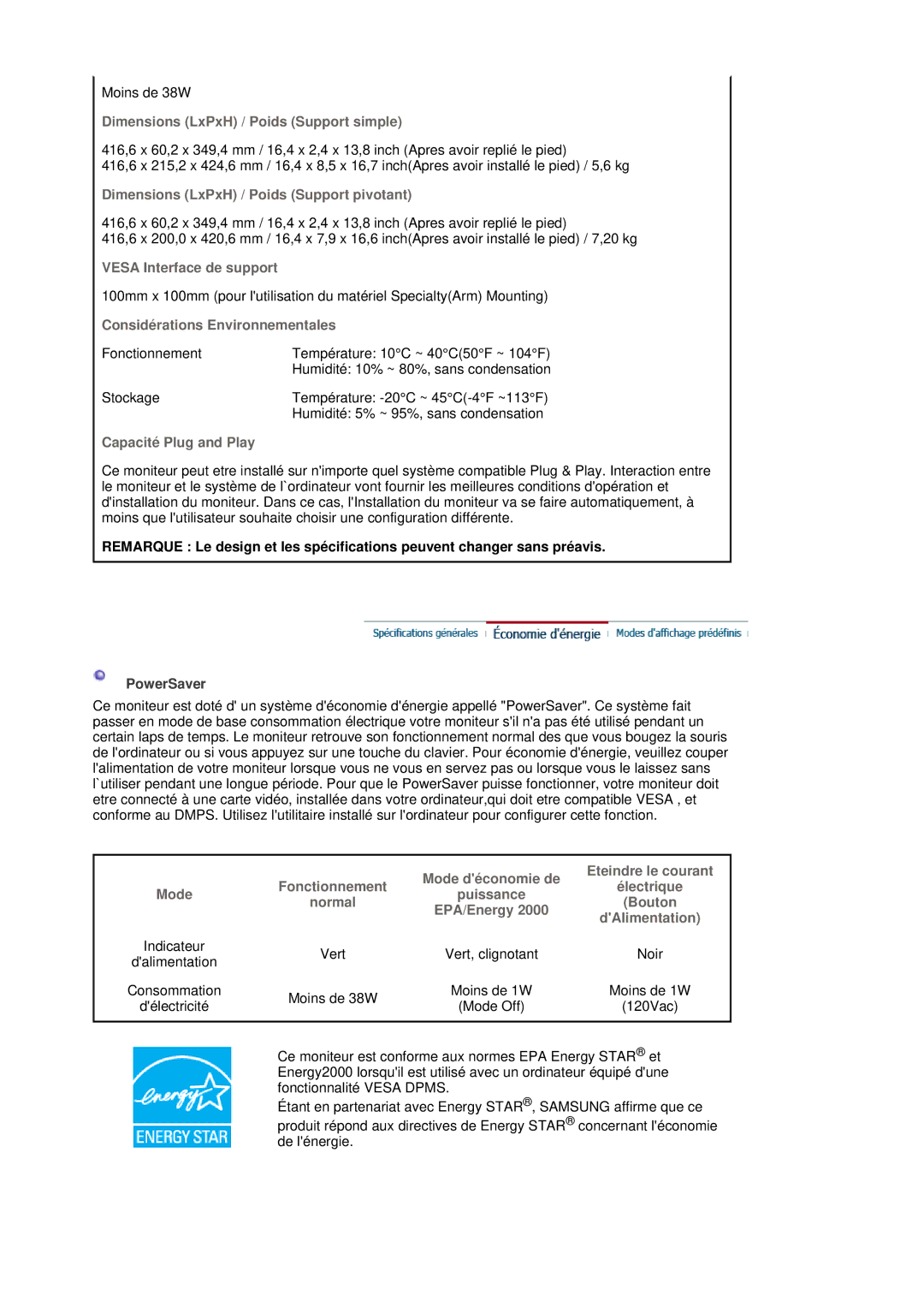 Samsung LS19MJQTSQ/EDC manual Dimensions LxPxH / Poids Support simple 