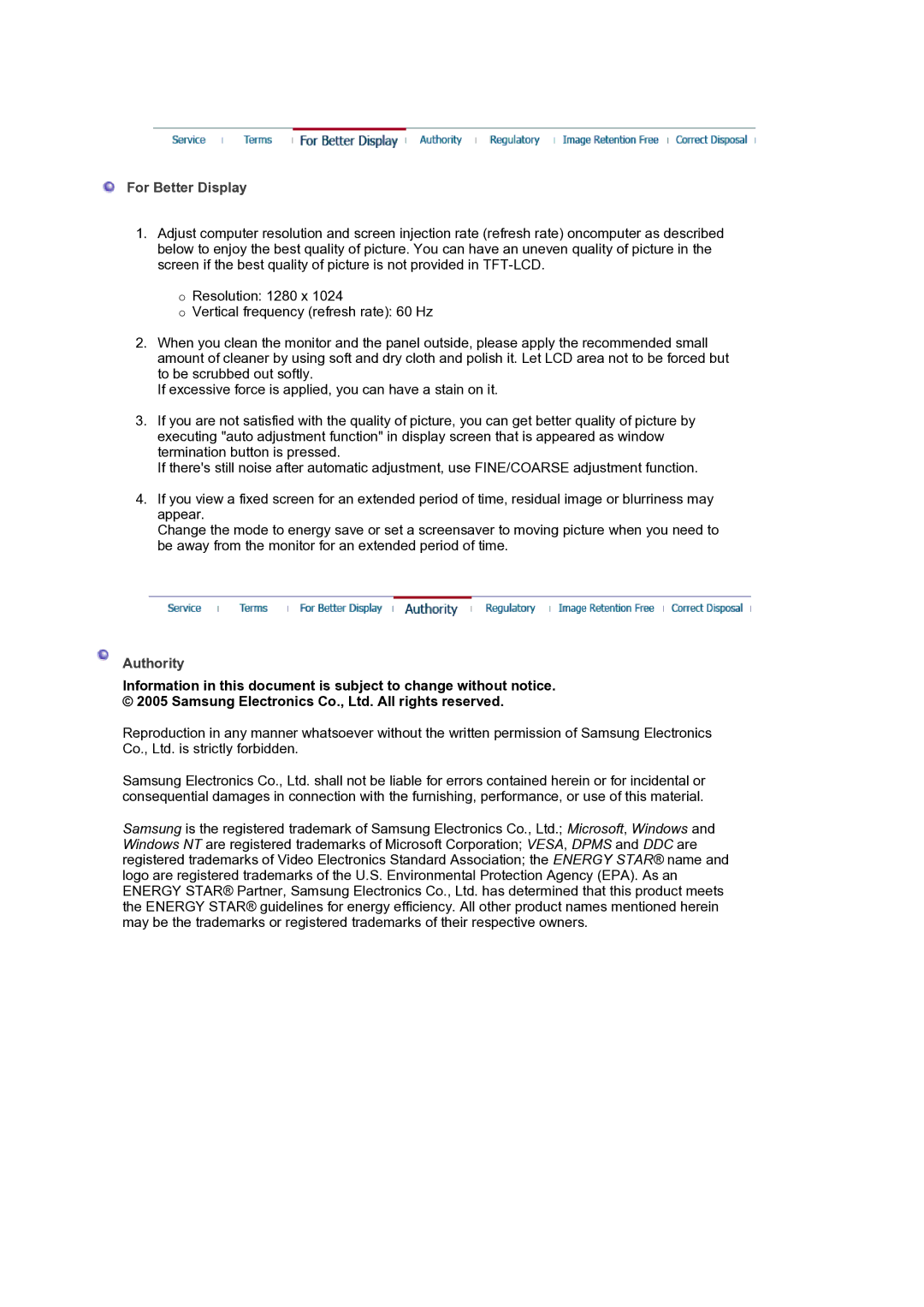 Samsung LS19MJQTSQ/EDC manual For Better Display, Authority 