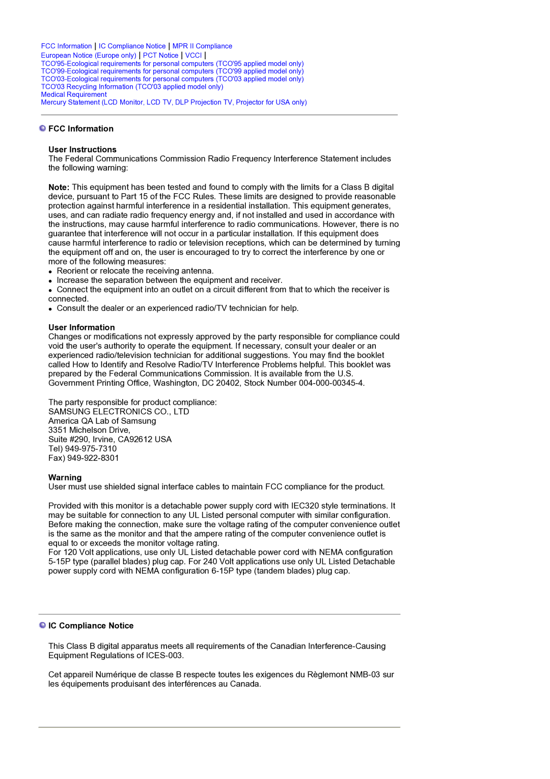 Samsung LS19MJQTSQ/EDC manual FCC Information User Instructions, User Information, IC Compliance Notice 