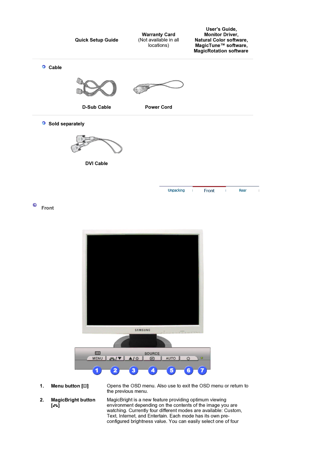 Samsung LS19MJQTSQ/EDC manual Users Guide, Cable Sub Cable Power Cord Sold separately DVI Cable 