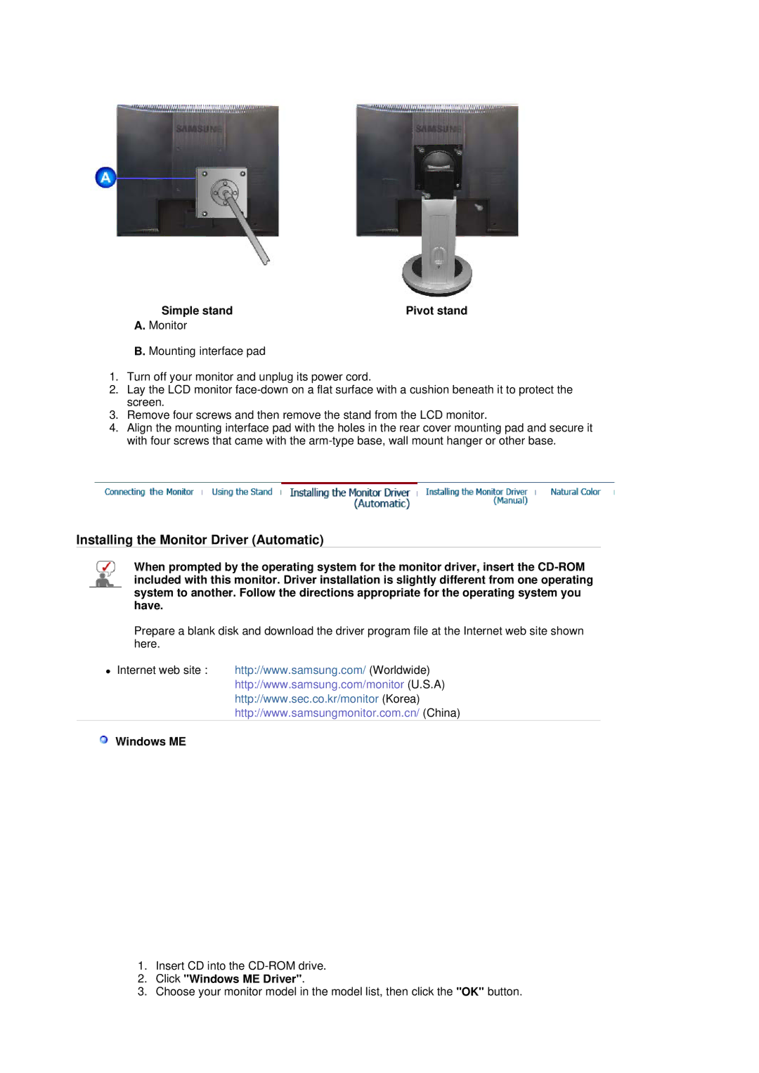 Samsung LS19MJQTSQ/EDC manual Click Windows ME Driver 