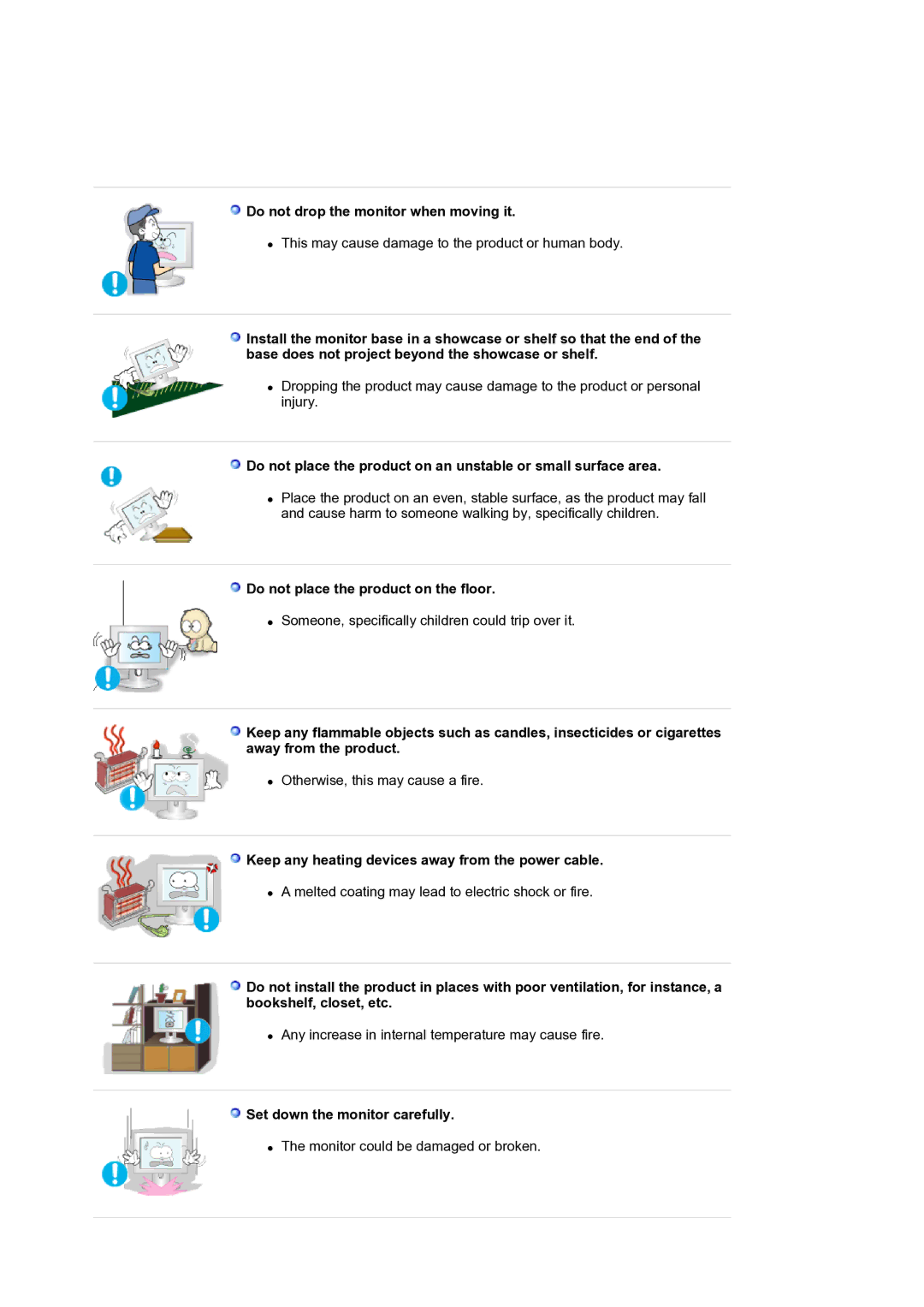 Samsung LS19MJQTSQ/EDC manual Do not drop the monitor when moving it, Do not place the product on the floor 