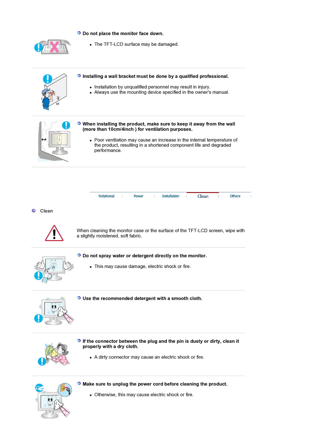 Samsung LS19MJQTSQ/EDC Do not place the monitor face down, Clean, Do not spray water or detergent directly on the monitor 