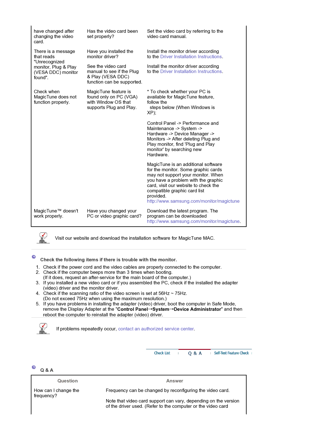 Samsung LS19MJQTSQ/EDC manual Frequency can be changed by reconfiguring the video card 