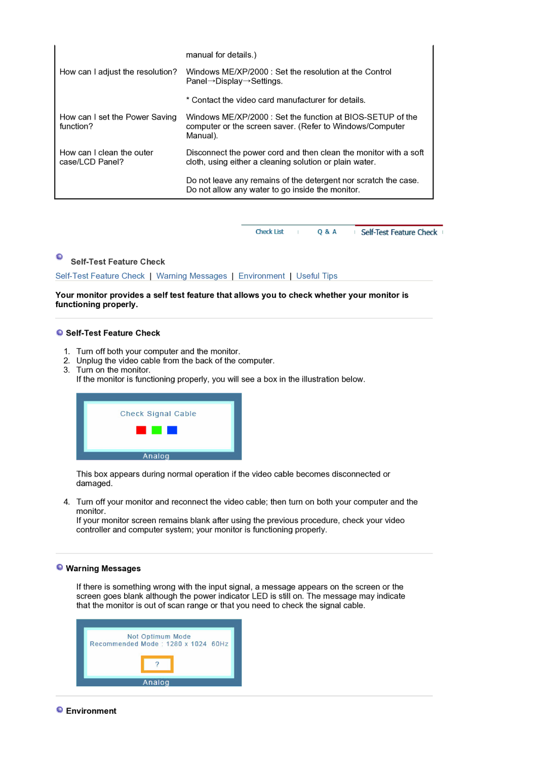 Samsung LS19MJQTSQ/EDC manual Self-Test Feature Check, Environment 