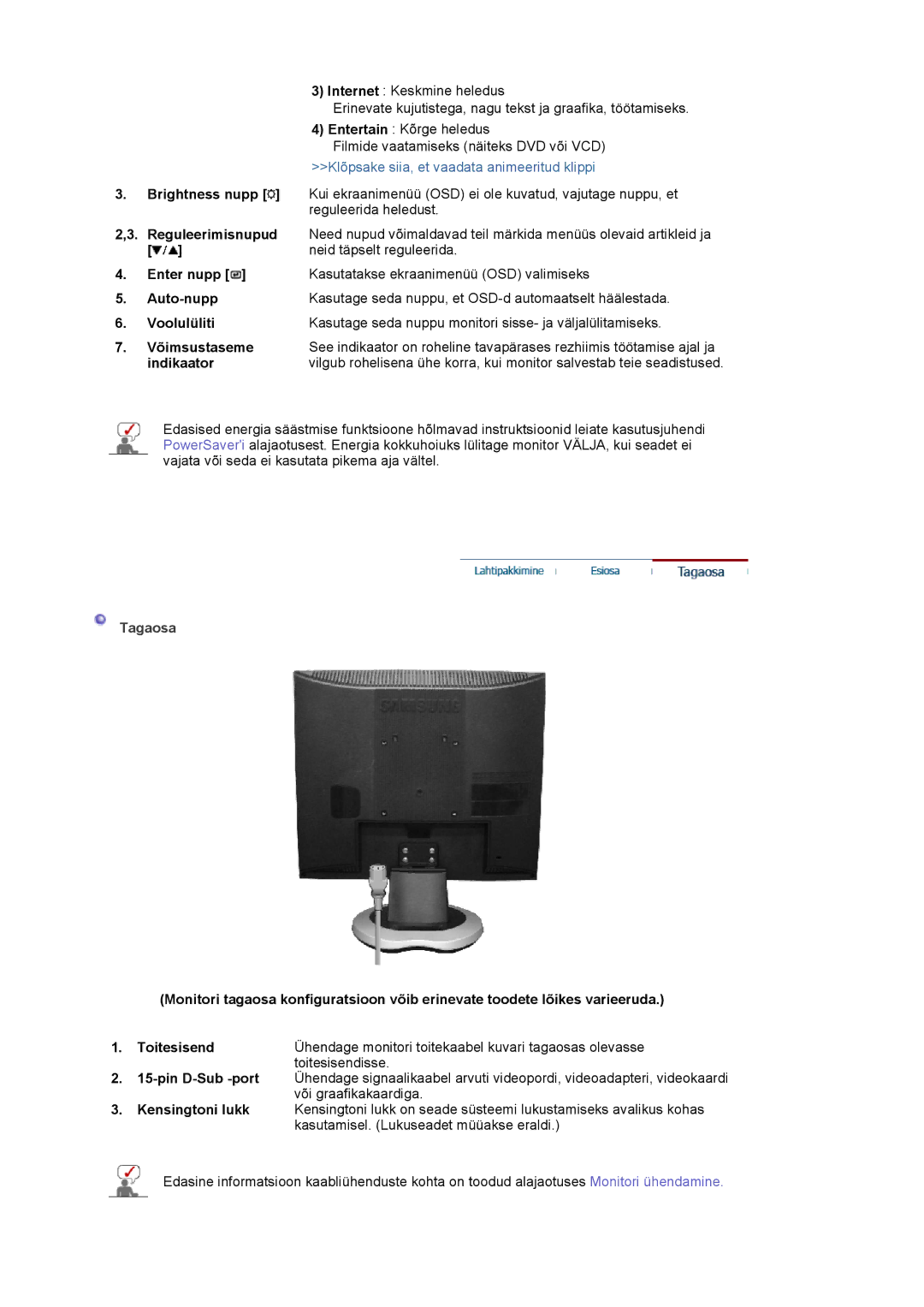 Samsung LS19MJQTSQ/EDC manual Indikaator, Tagaosa 