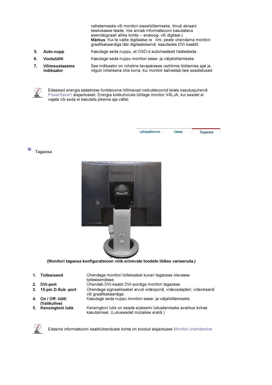 Samsung LS19MJQTSQ/EDC manual DVI-port, On / Off- lüliti, Valikuline 