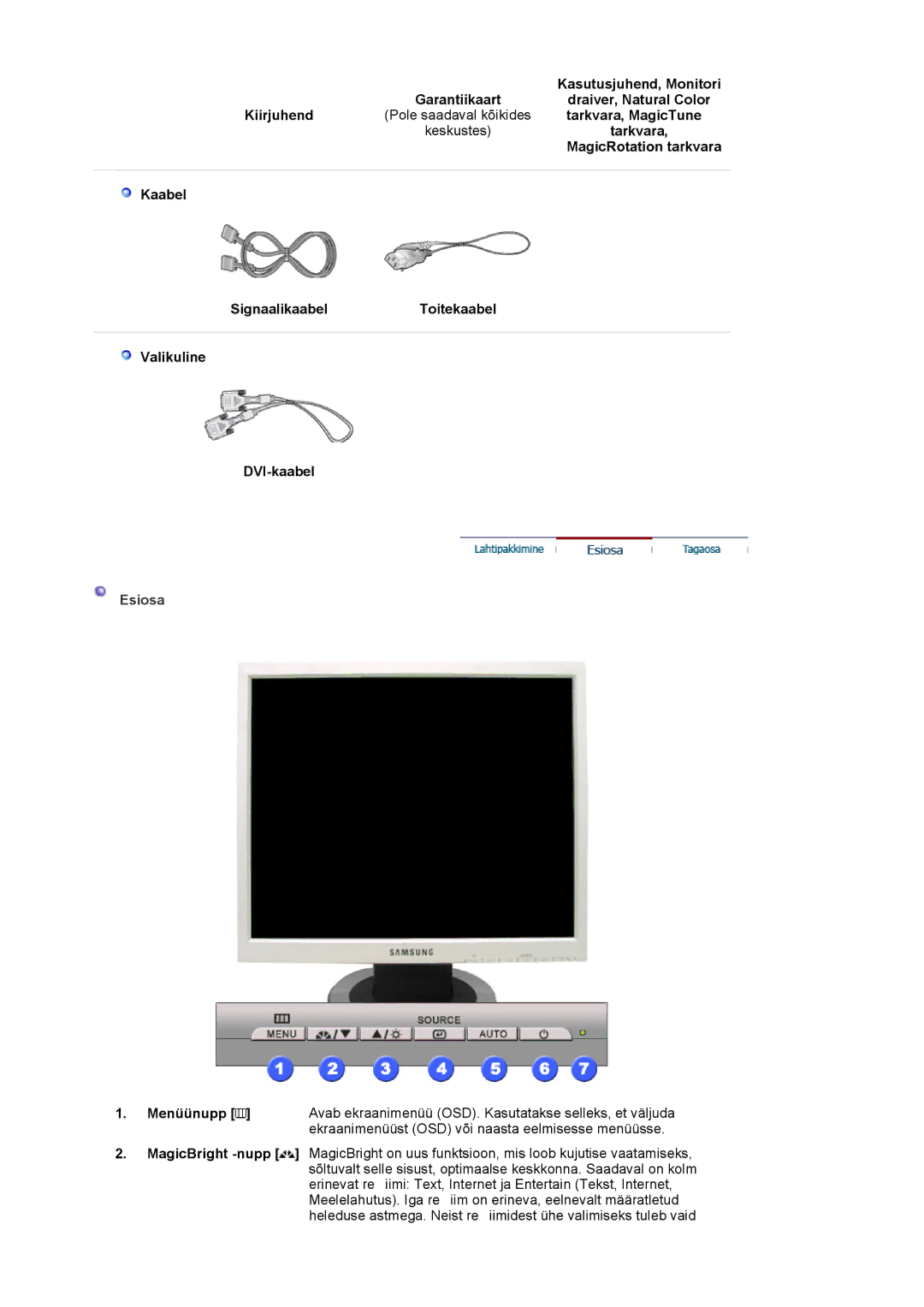 Samsung LS19MJQTSQ/EDC manual Kasutusjuhend, Monitori, Kaabel SignaalikaabelToitekaabel Valikuline DVI-kaabel 