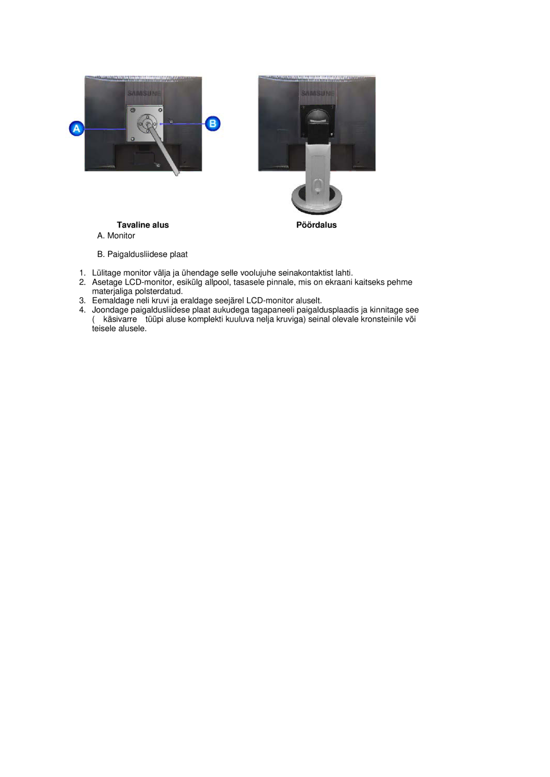 Samsung LS19MJQTSQ/EDC manual Tavaline alus Pöördalus 