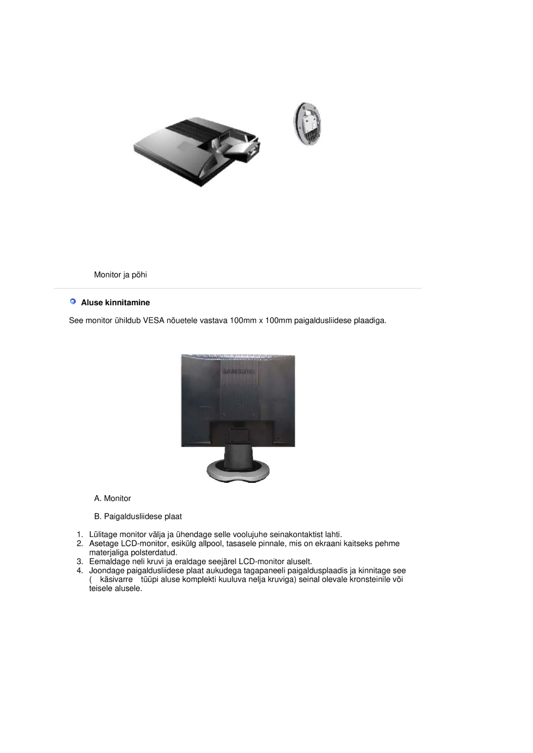 Samsung LS19MJQTSQ/EDC manual Aluse kinnitamine 