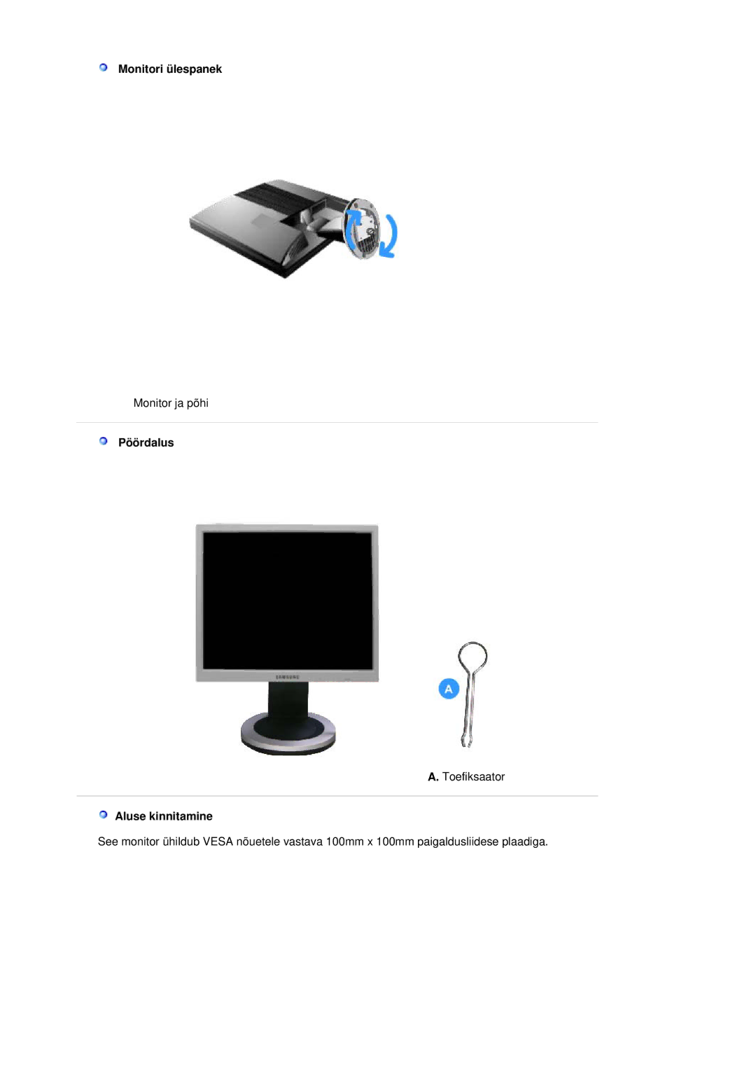 Samsung LS19MJQTSQ/EDC manual Monitori ülespanek 