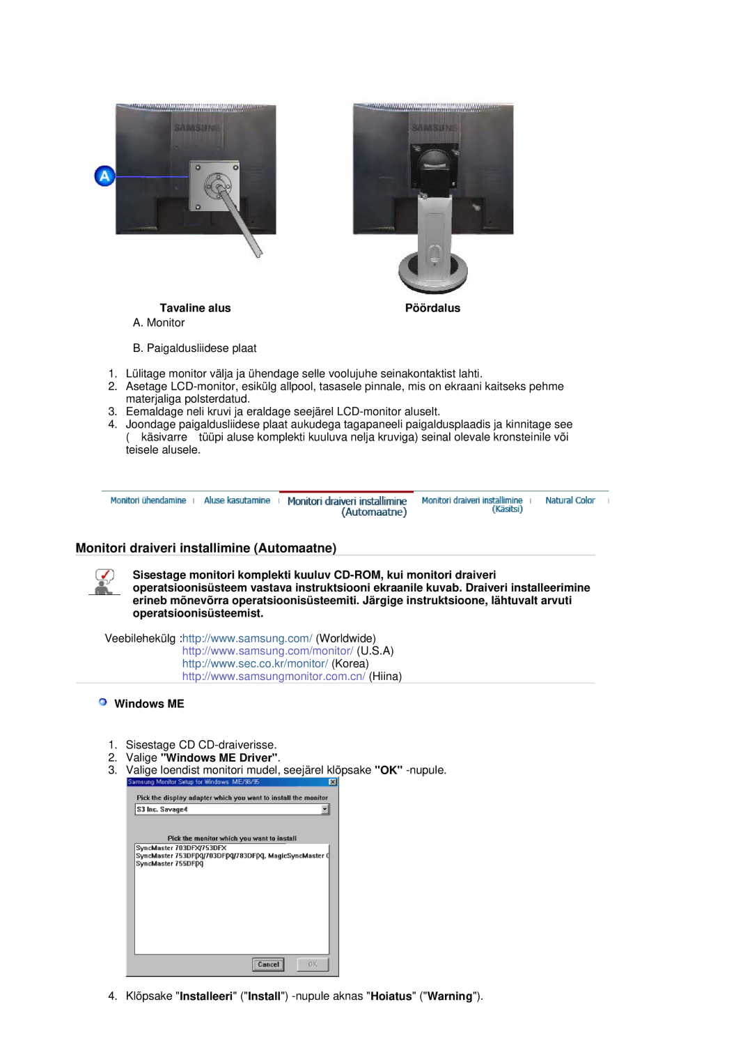 Samsung LS19MJQTSQ/EDC manual Monitori draiveri installimine Automaatne, Valige Windows ME Driver 