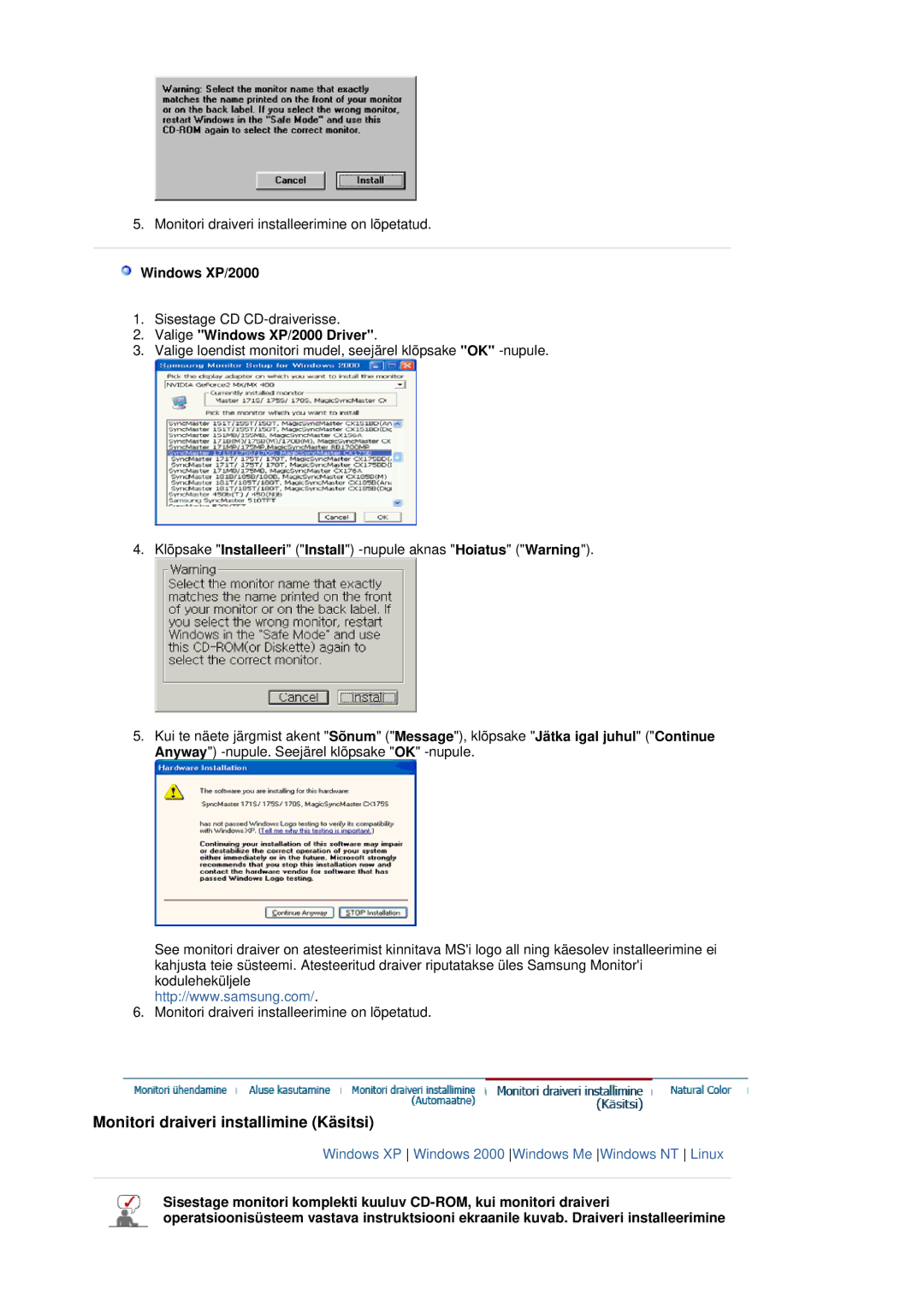 Samsung LS19MJQTSQ/EDC manual Valige Windows XP/2000 Driver 