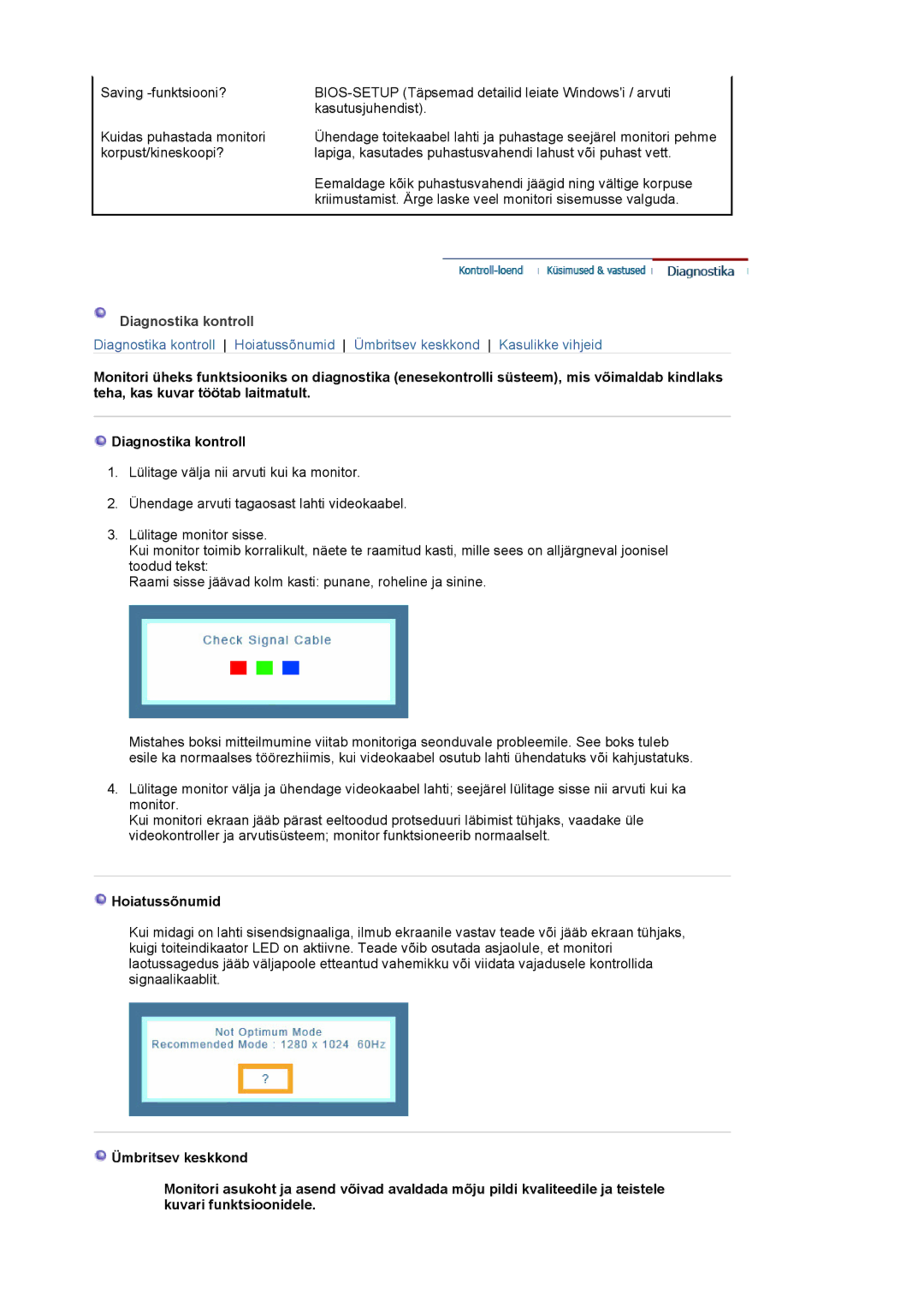 Samsung LS19MJQTSQ/EDC manual Diagnostika kontroll, Hoiatussõnumid 