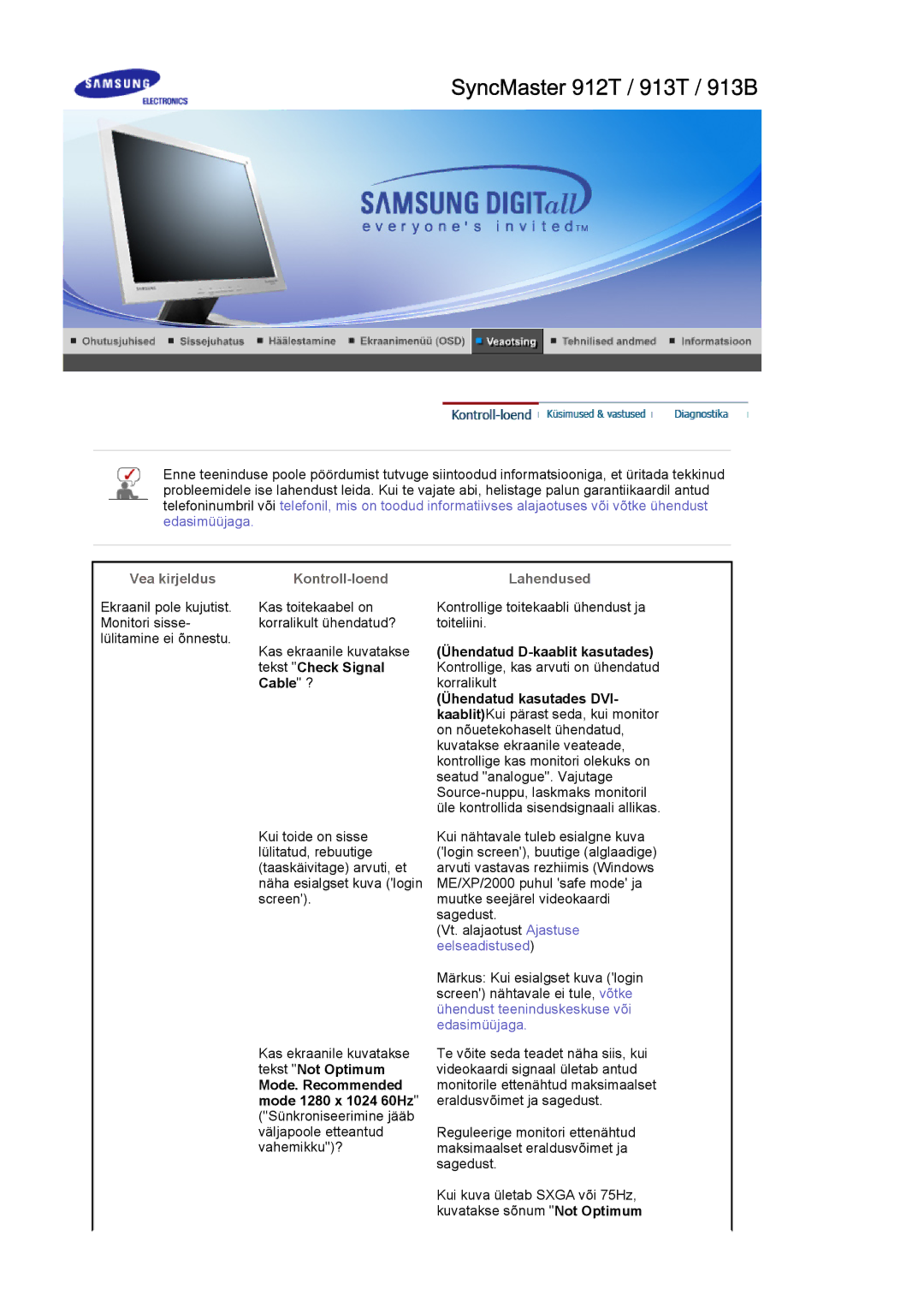 Samsung LS19MJQTSQ/EDC manual Vea kirjeldus Kontroll-loend, Tekst Check Signal 