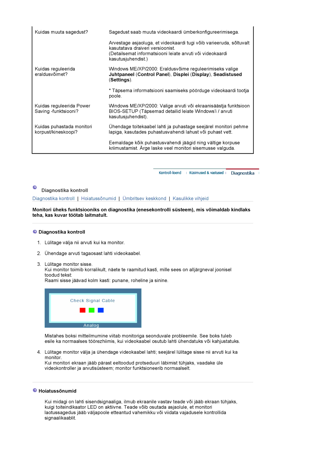 Samsung LS19MJQTSQ/EDC manual Diagnostika kontroll 