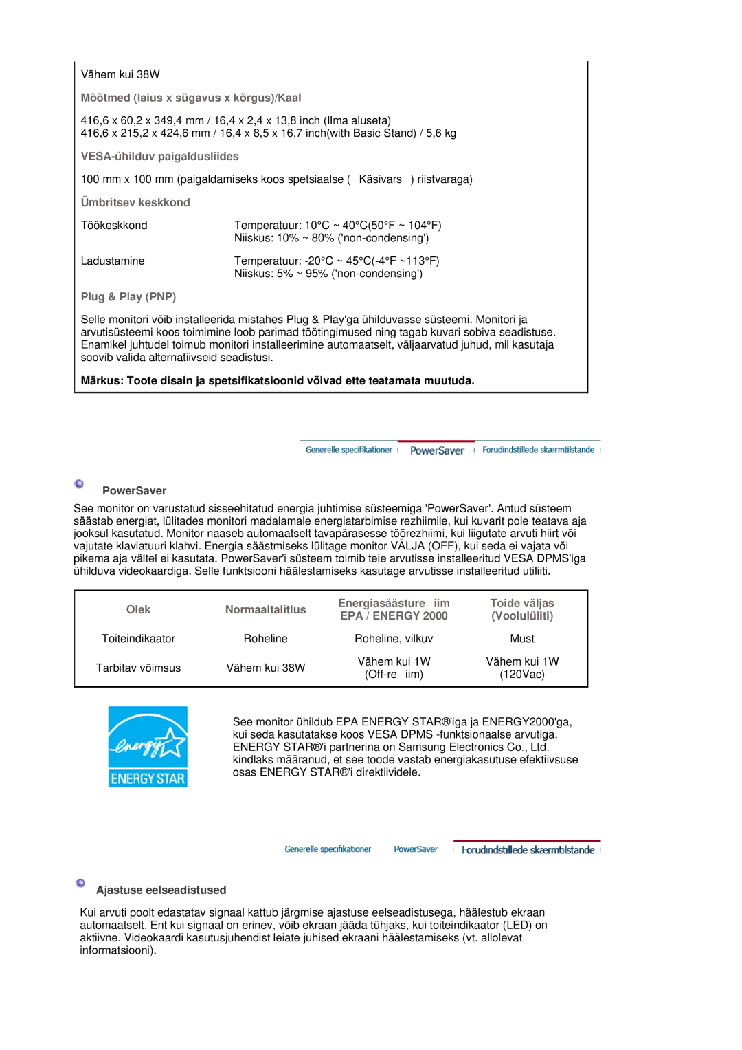 Samsung LS19MJQTSQ/EDC manual Mõõtmed laius x sügavus x kõrgus/Kaal, VESA-ühilduv paigaldusliides 