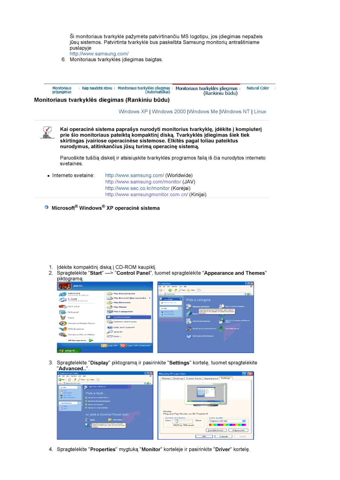 Samsung LS19MJQTSQ/EDC manual Monitoriaus tvarkyklės diegimas Rankiniu būdu, Microsoft Windows XP operacinė sistema 