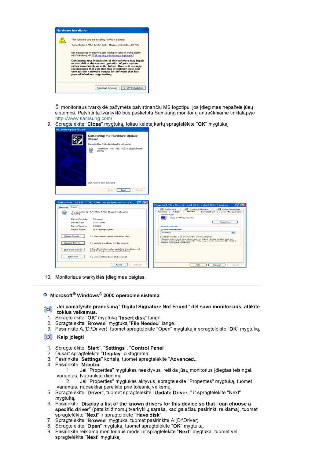 Samsung LS19MJQTSQ/EDC manual Kaip įdiegti Spragtelėkite Start, Settings, Control Panel 