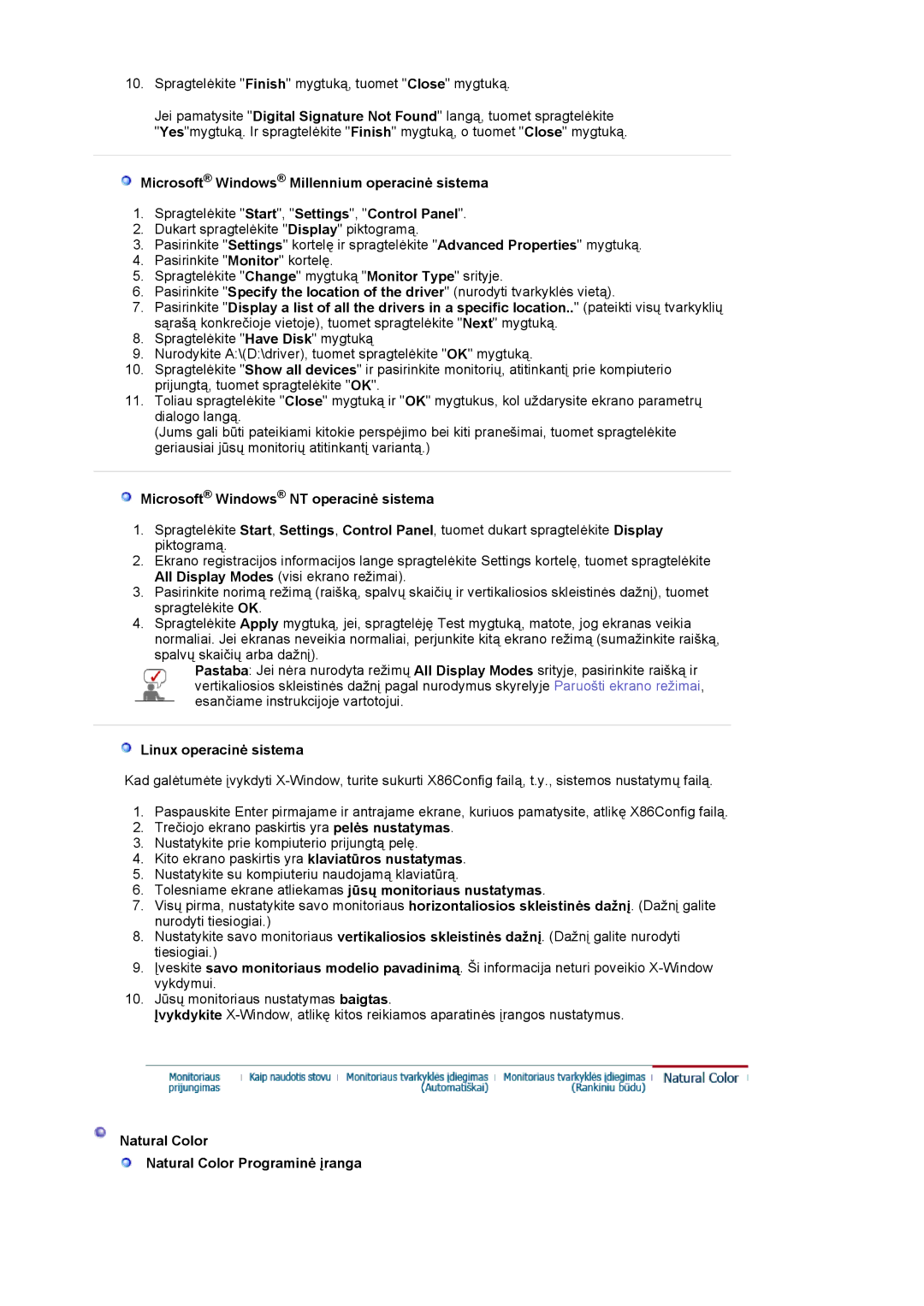 Samsung LS19MJQTSQ/EDC manual Microsoft Windows NT operacinė sistema, Linux operacinė sistema 