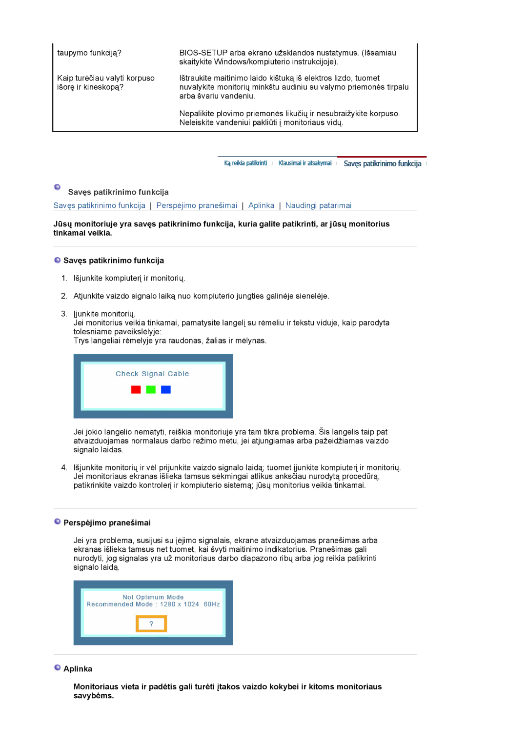 Samsung LS19MJQTSQ/EDC manual Savęs patikrinimo funkcija, Perspėjimo pranešimai 