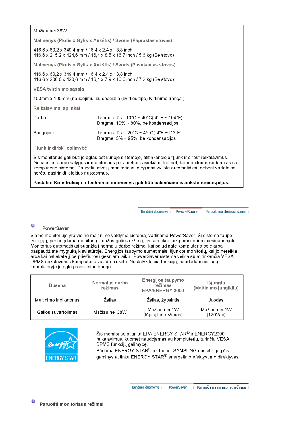 Samsung LS19MJQTSQ/EDC manual Matmenys Plotis x Gylis x Aukštis / Svoris Paprastas stovas, Vesa tvirtinimo sąsaja 